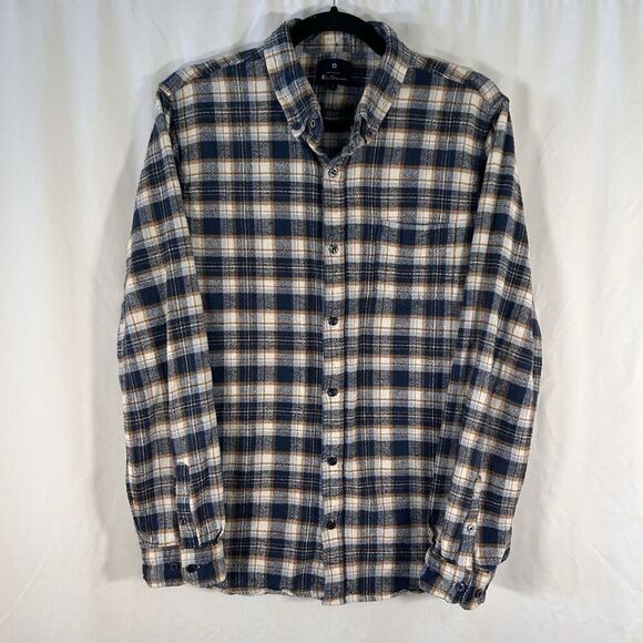 Ben Sherman Flannel Shirt Men's Large Yellow Blue Plaid Button Up Long Sleeve - Picture 1 of 8